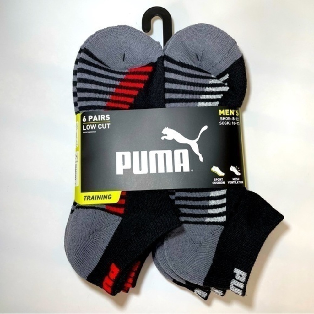 Puma men’s low cut socks 6 pack size 8-12 black gray red